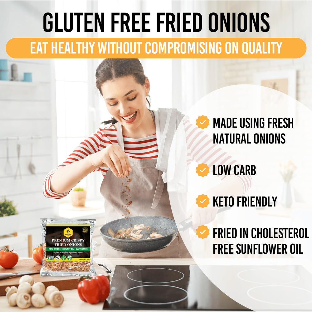 NAWABI LIFE Crispy Fried Onions ingredients list shows simple non-GMO onions