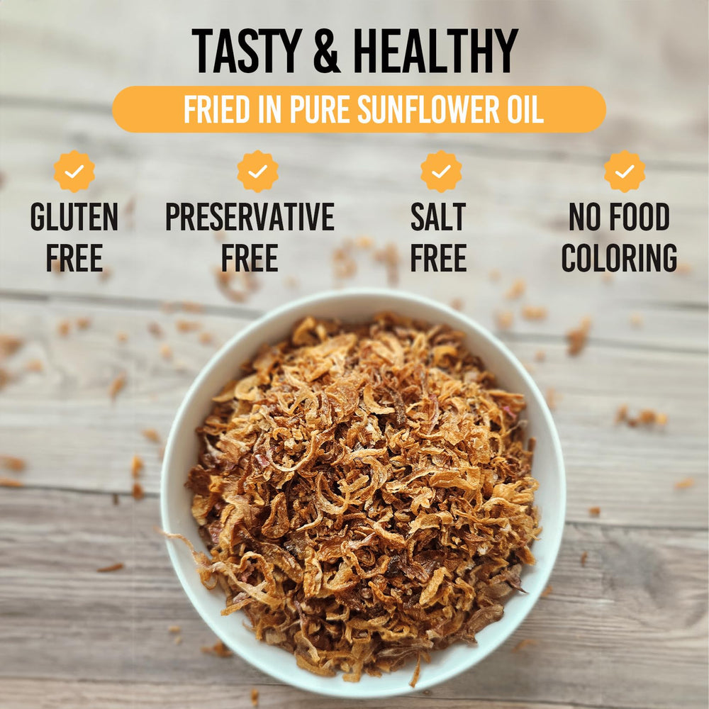 NAWABI LIFE Crispy Fried Onions in an open bag for easy, resealable freshness