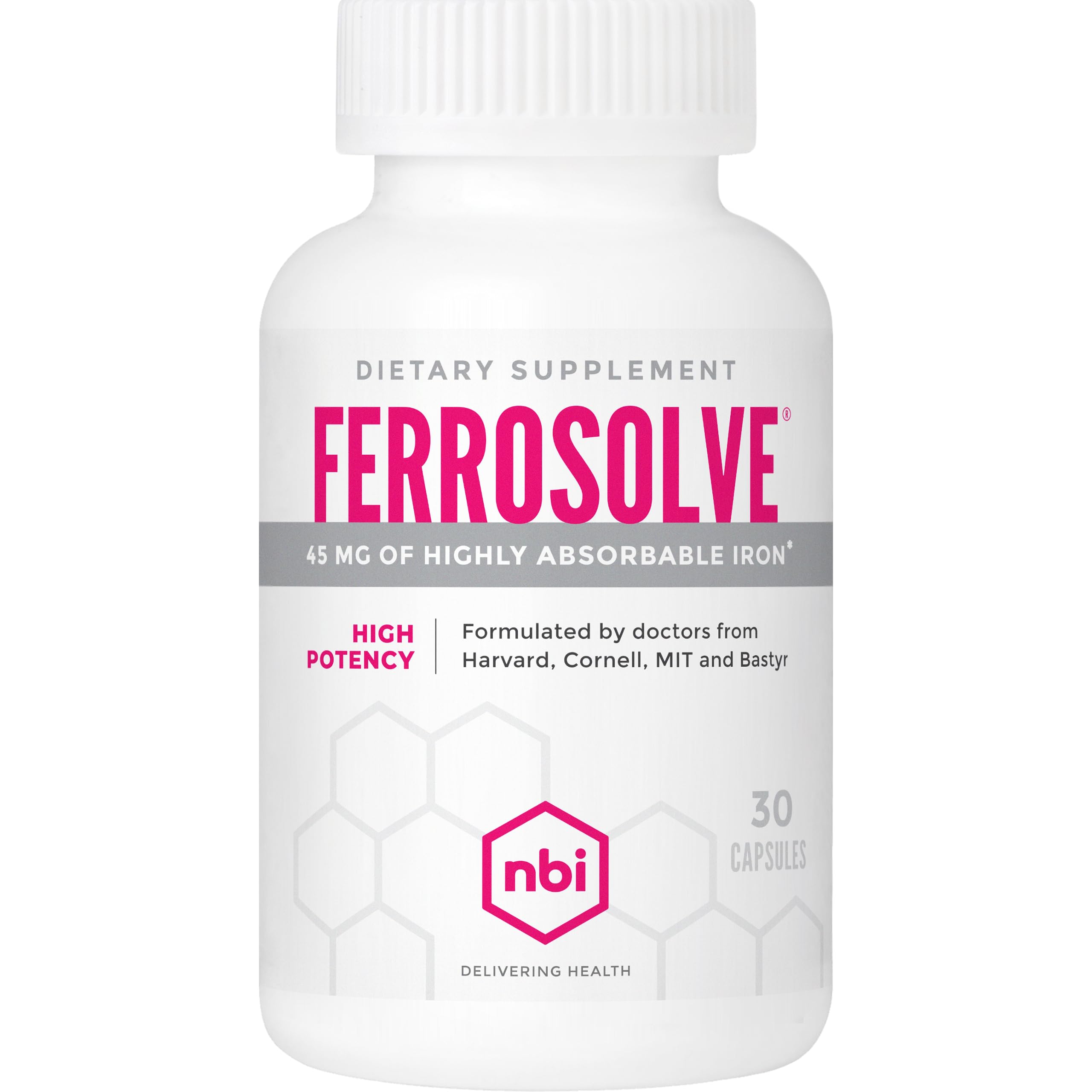 NBI FerroSolve bottle display shows high absorption iron for daily energy support.