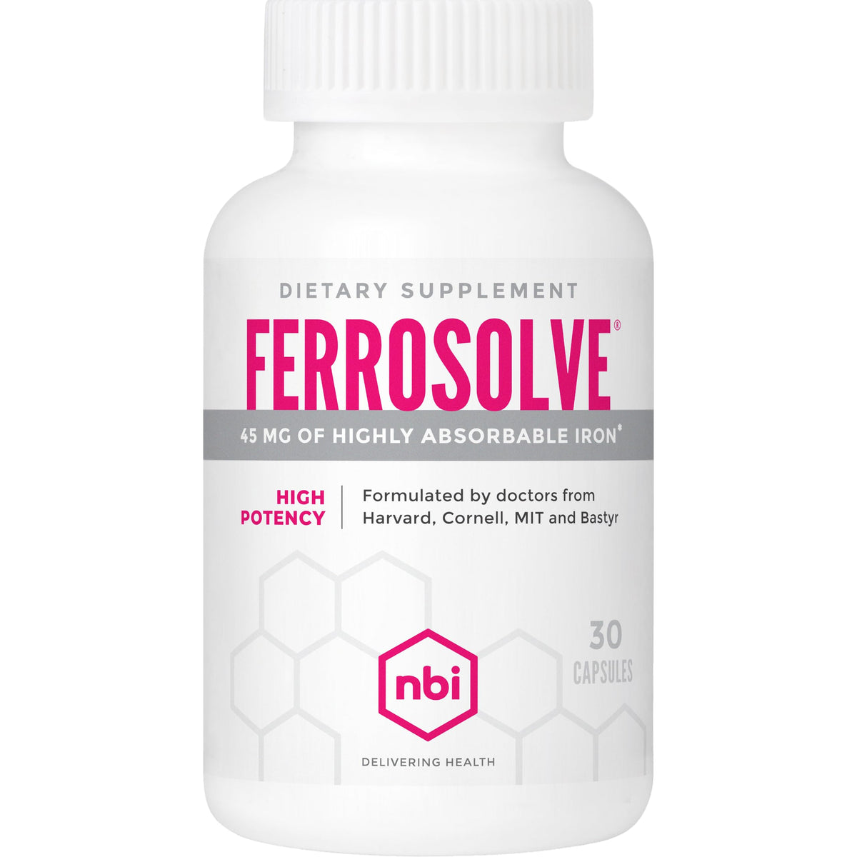 NBI FerroSolve bottle display shows high absorption iron for daily energy support.
