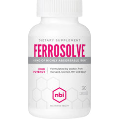 NBI FerroSolve bottle display shows high absorption iron for daily energy support.