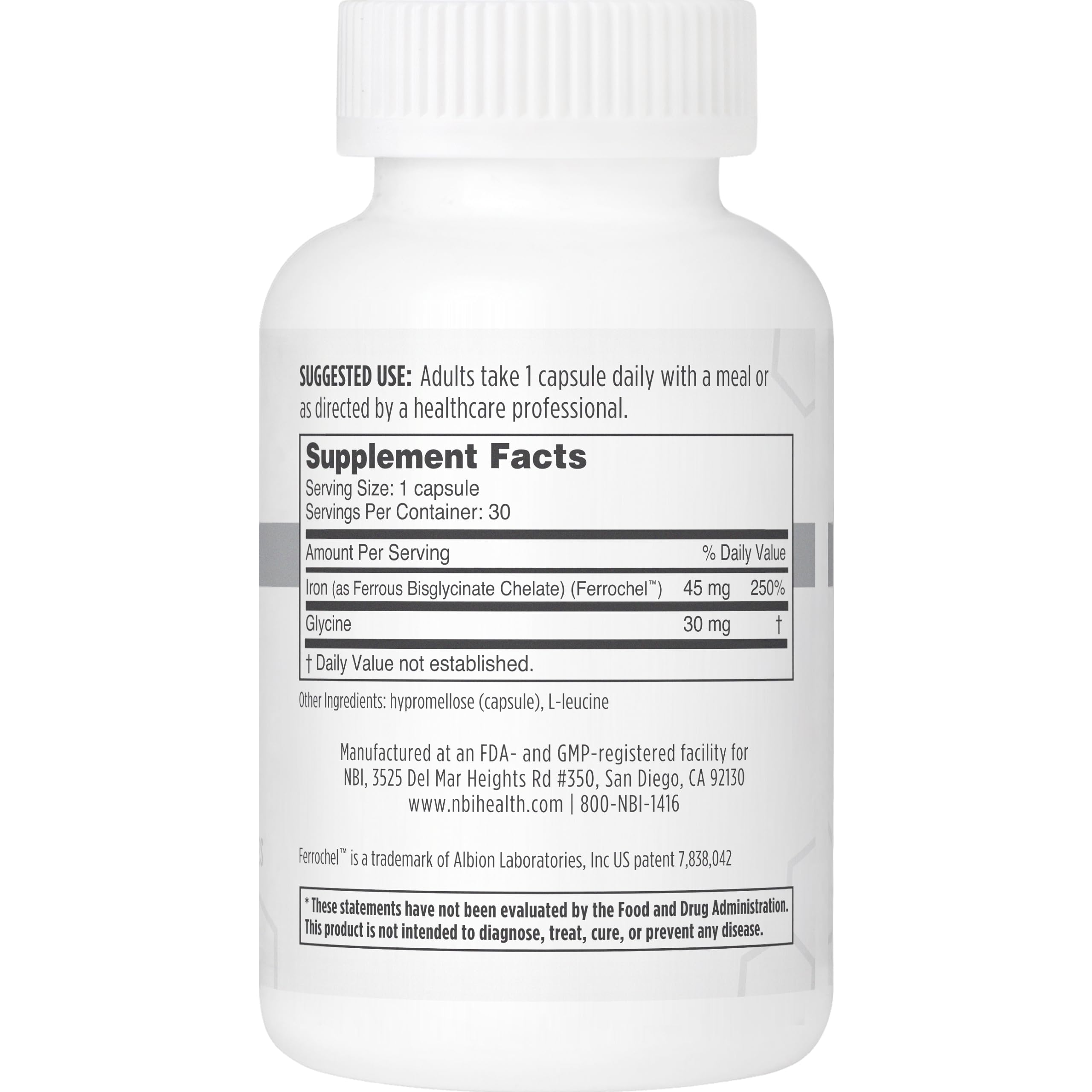 NBI FerroSolve capsules close-up highlighting 45 mg chelated iron for stomach-friendly supplementation.