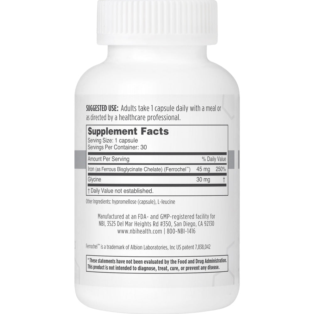 NBI FerroSolve capsules close-up highlighting 45 mg chelated iron for stomach-friendly supplementation.