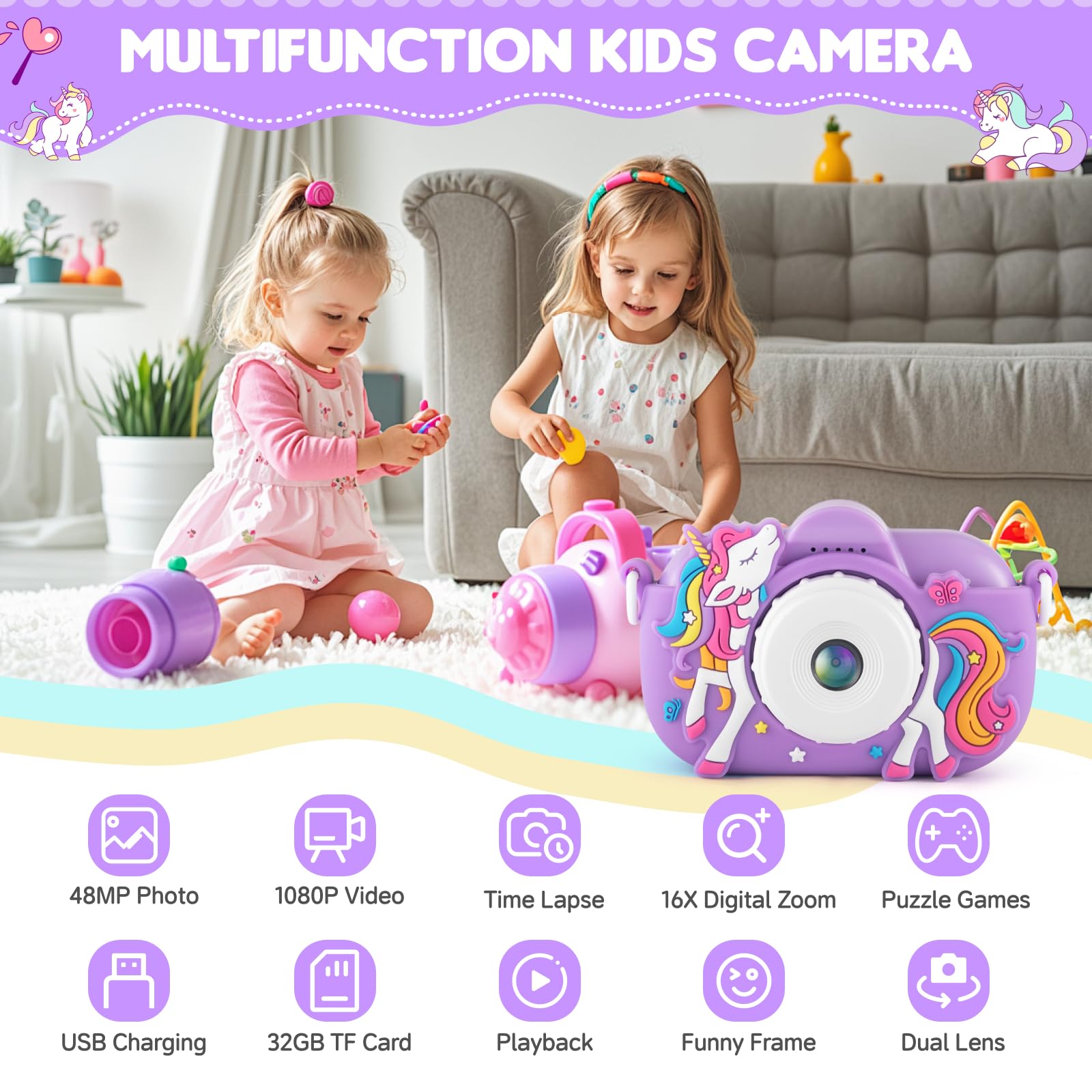 NBKLS Kids Camera back view highlighting easy mode switch.