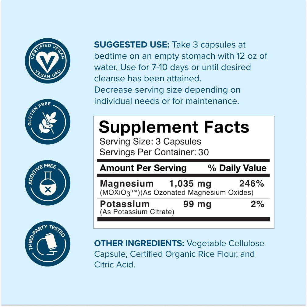 Product shot of nbpure MagO7 with glass of water conveying overnight cleanse benefit.