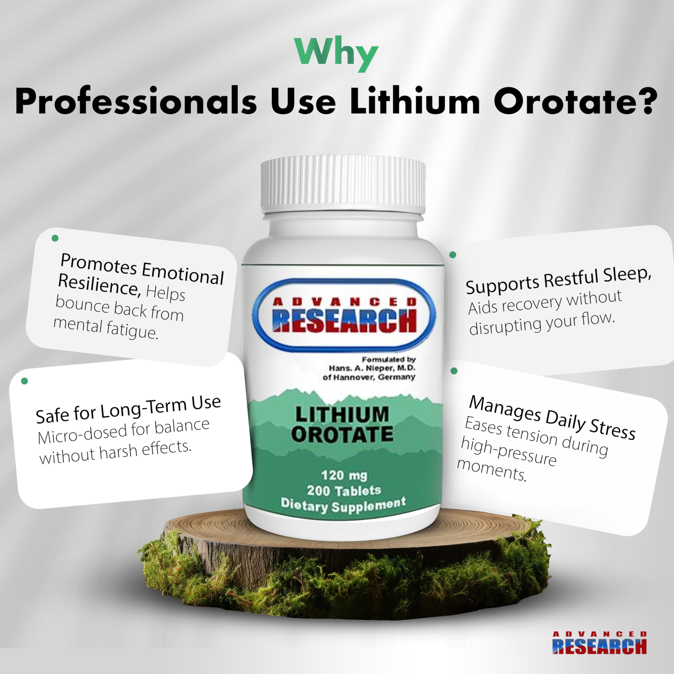 NCI Advanced Research tablet close-up highlighting 5 mg lithium orotate.