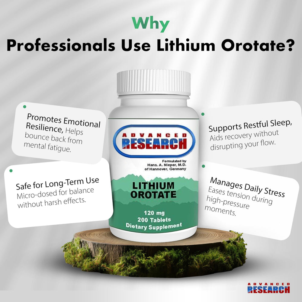 NCI Advanced Research tablet close-up highlighting 5 mg lithium orotate.