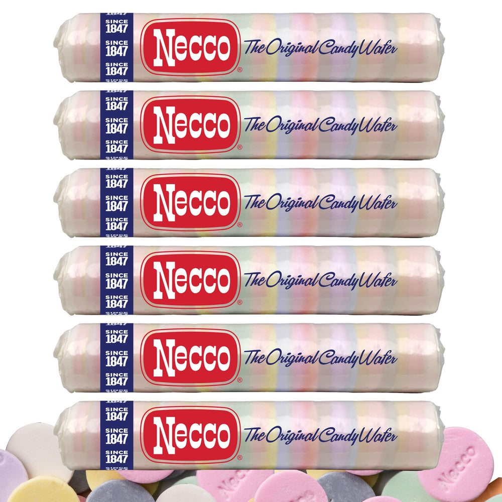 Necco Wafer Candy 6-pack rolls on display, ideal for party favors.