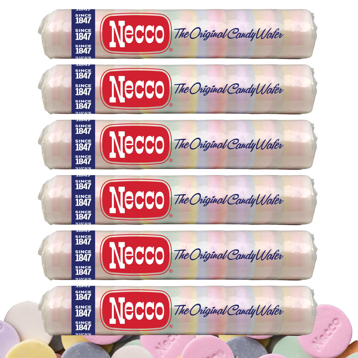 Necco Wafer Candy 6-pack rolls on display, ideal for party favors.