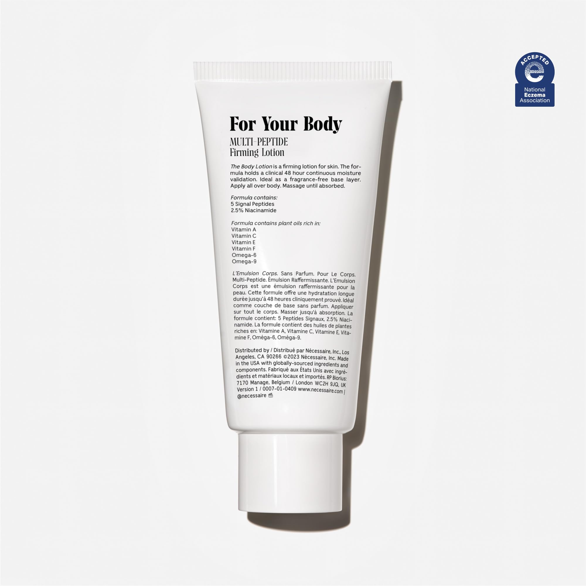 Nécessaire body lotion texture closeup showing fast absorption and non-greasy finish