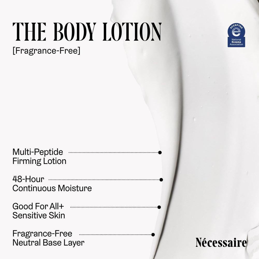 Nécessaire The Body Lotion packaging shows vitamin C, vitamin E, and omega 6/9 icons for nourishment.