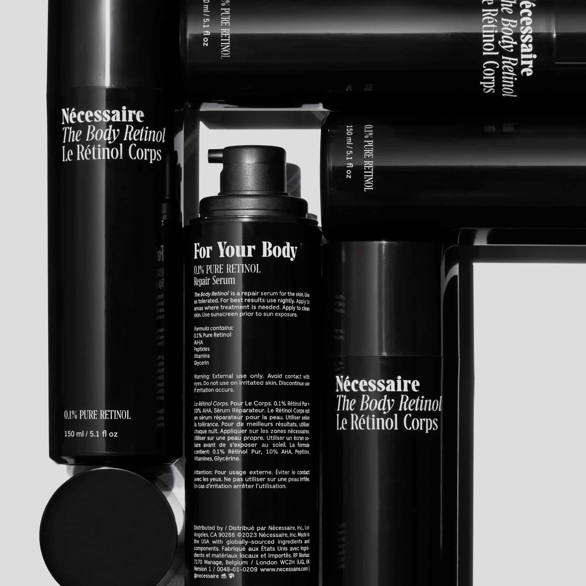 Ingredients panel on Nécessaire Body Retinol Serum with glycerin and B3 noted.