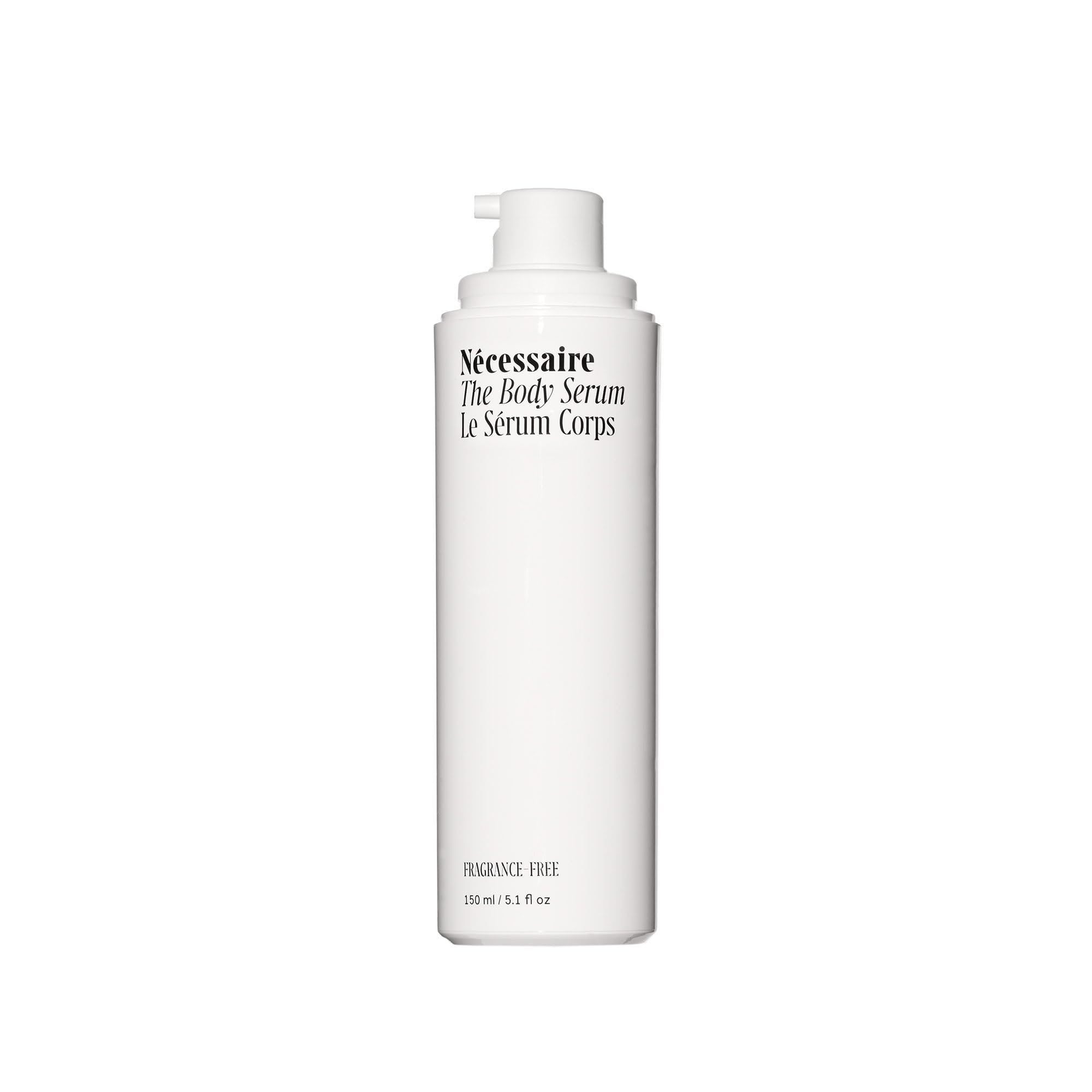 Nécessaire body serum bottle showcasing fragrance-free hydration for sensitive skin