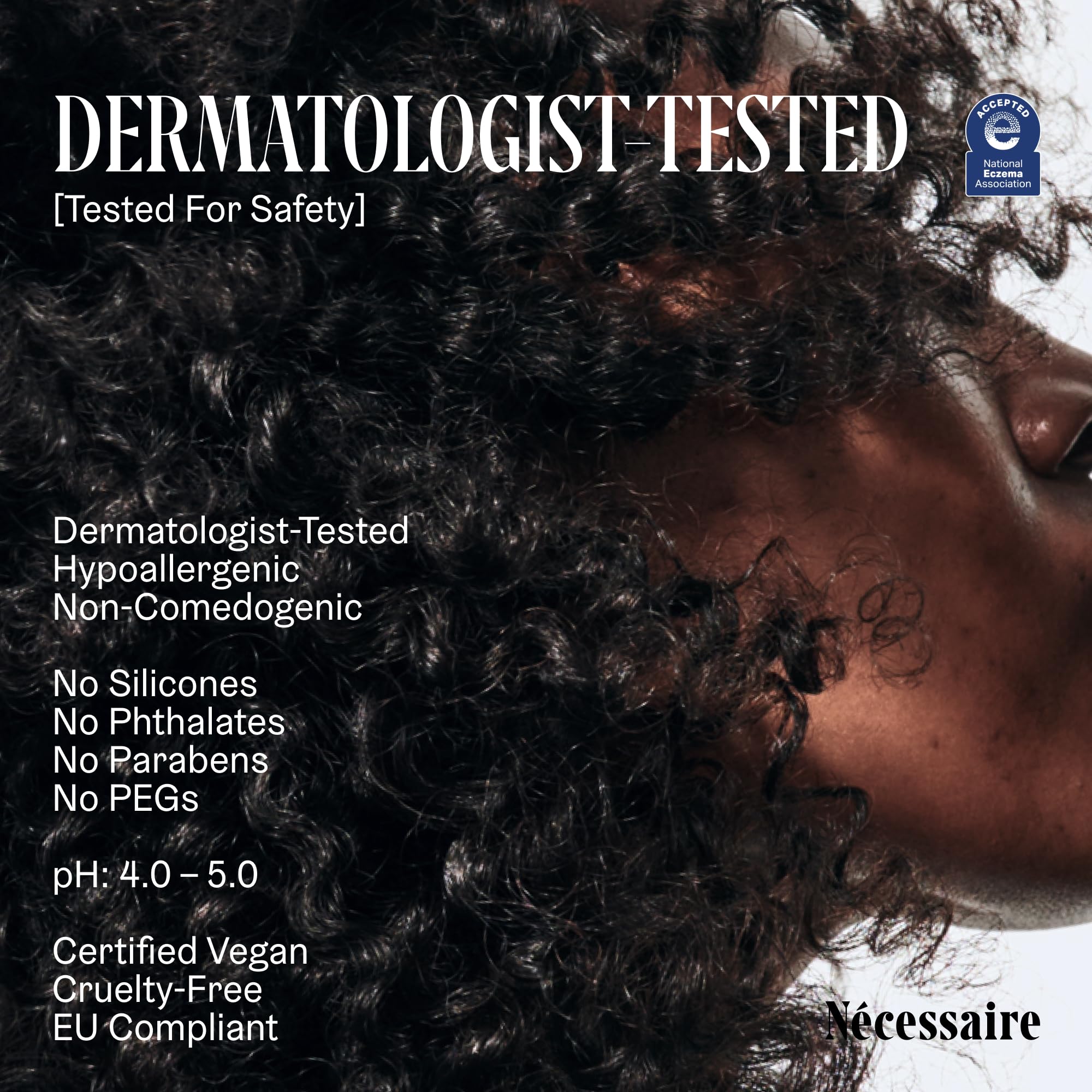 Nécessaire The Conditioner eczema-approval stamp highlights eczema-safe formulation.