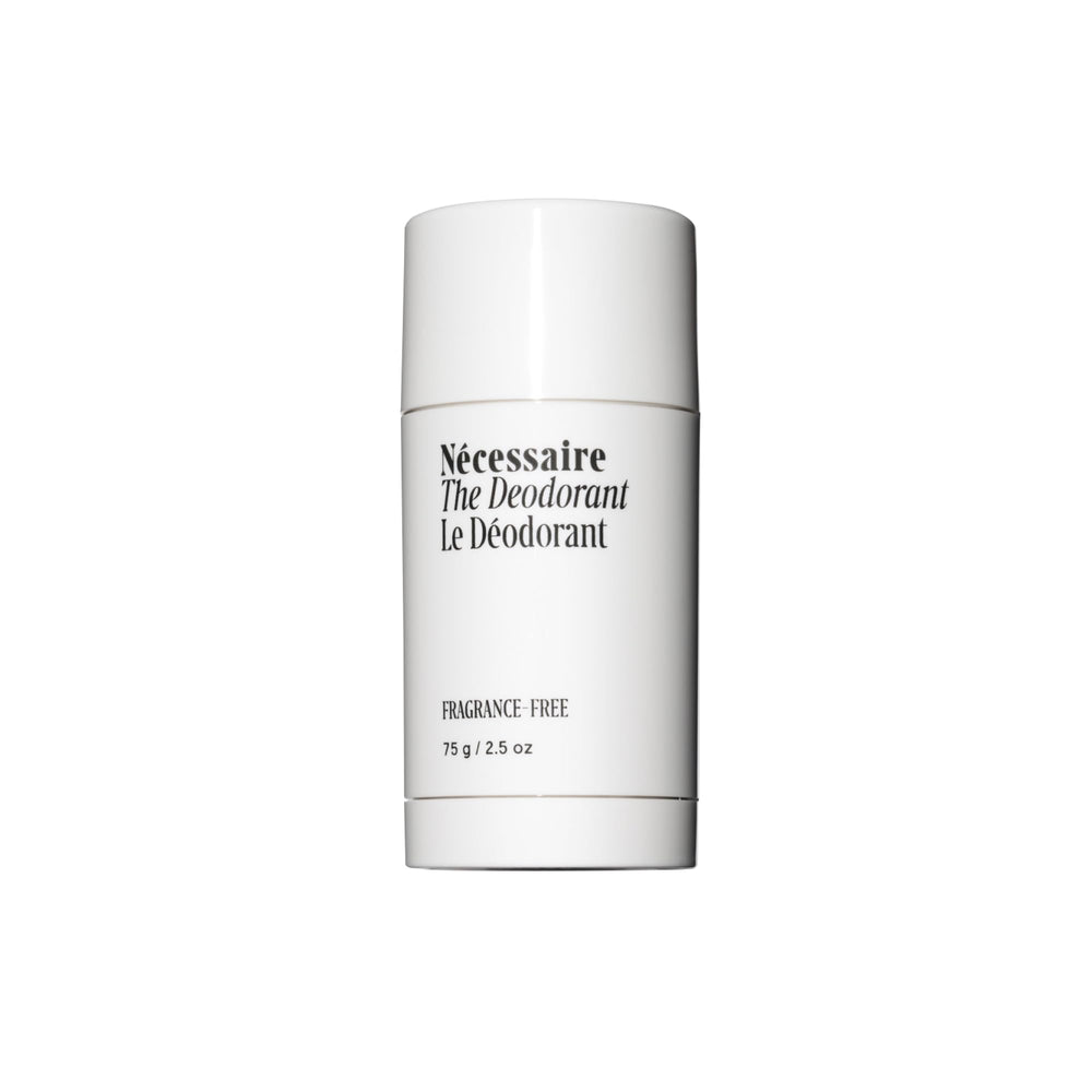 Nécessaire fragrance-free deodorant bottle shows fragrance-free formula for sensitive skin.