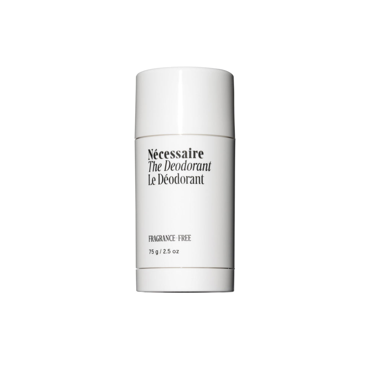 Nécessaire fragrance-free deodorant bottle shows fragrance-free formula for sensitive skin.