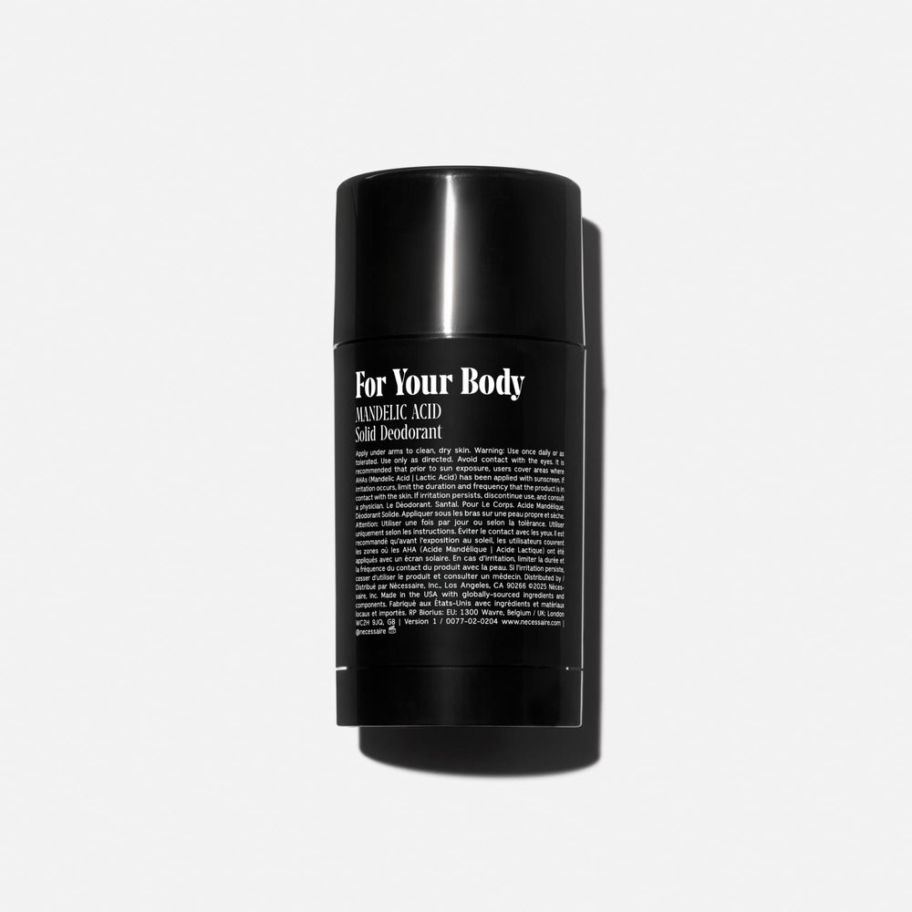 Nécessaire Deodorant Santal bottle closeup highlighting mandelic acid and fragrance