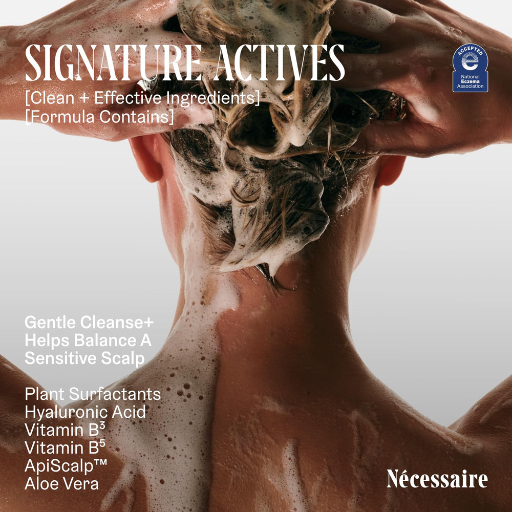 Fragrance-free label emphasizes neutral experience with Nécessaire Shampoo.