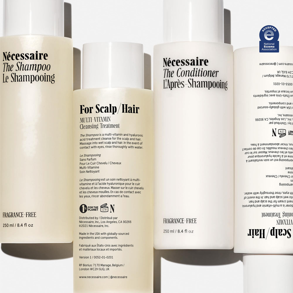 Nécessaire Hair Duo packaging box highlighting fragrance-free formula.