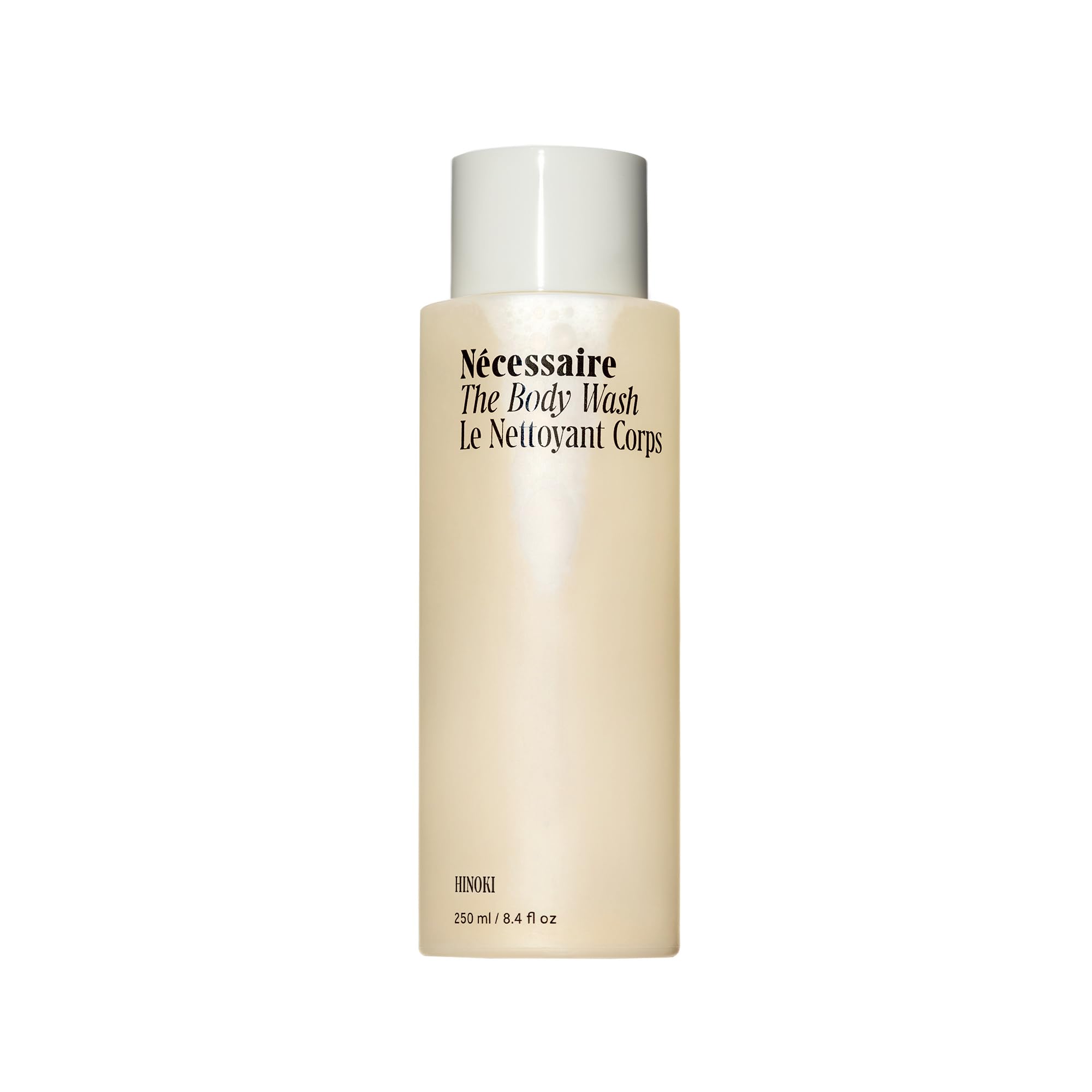 Nécessaire Hinoki Body Wash bottle front with premium, daily-cleanse design