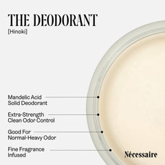 Nécessaire Hinoki deodorant ingredients panel lists mandelic acid and zinc