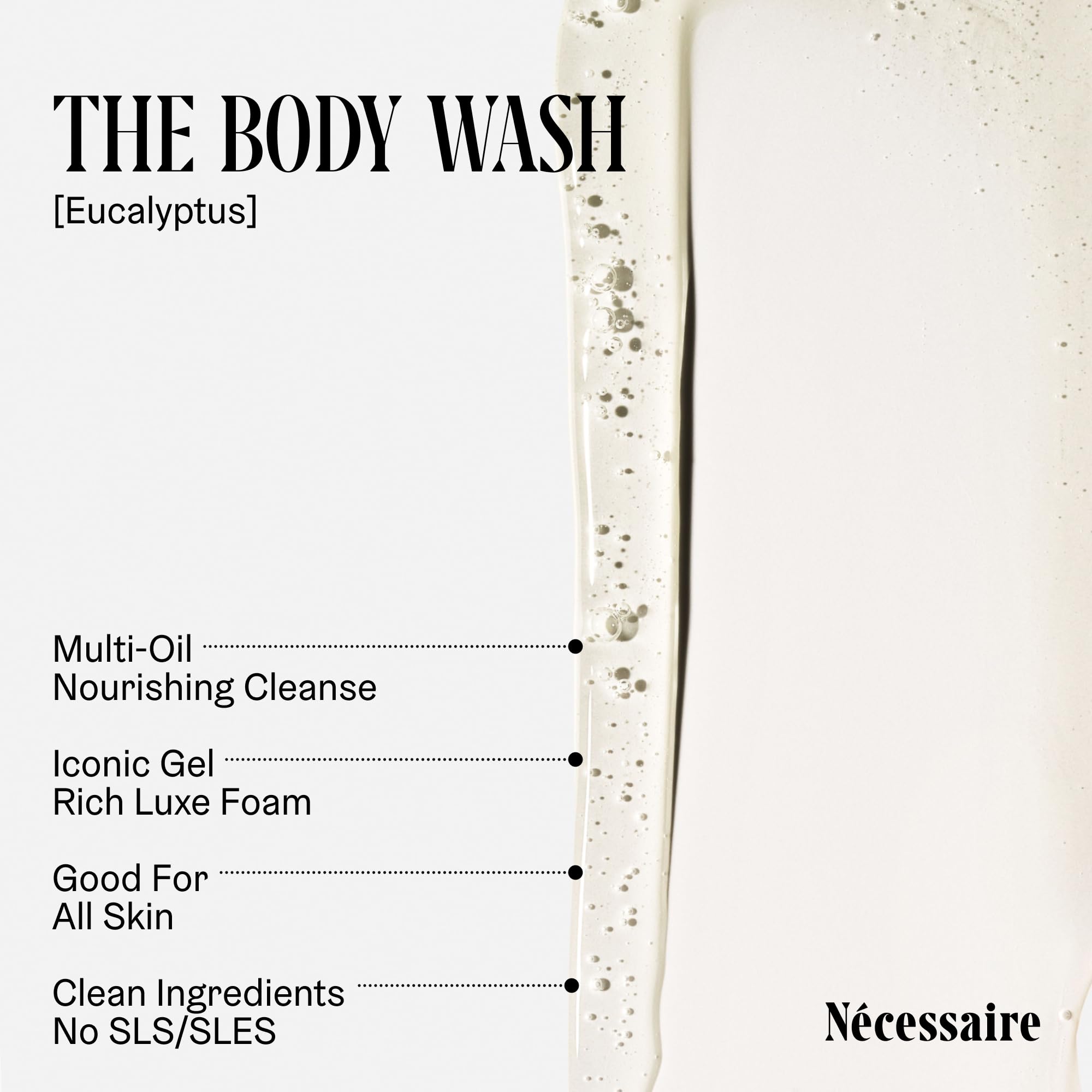 Nécessaire Eucalyptus packaging box emphasizing vegan, SLS-free, and hypoallergenic features.