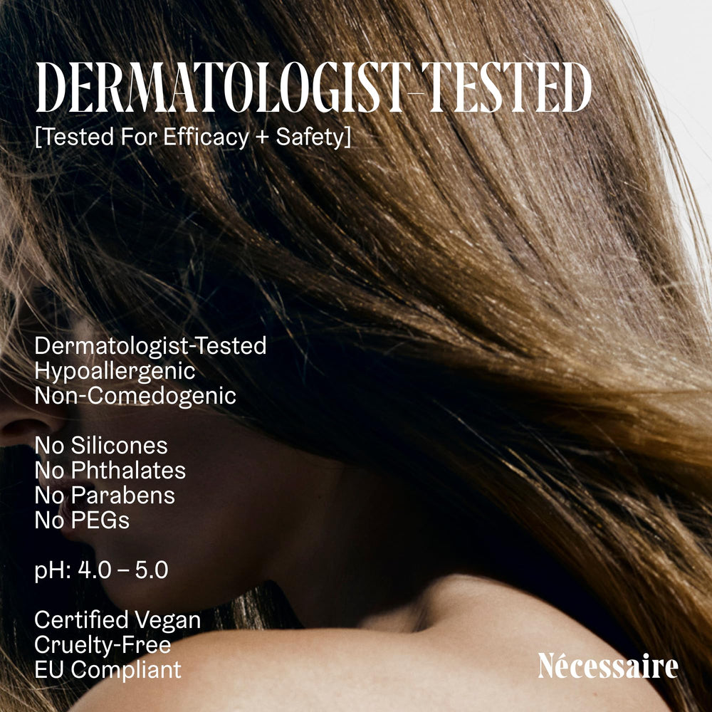 Nécessaire Rosemary Conditioner packaging emphasizing sulfate-free and dermatologist-tested claims.