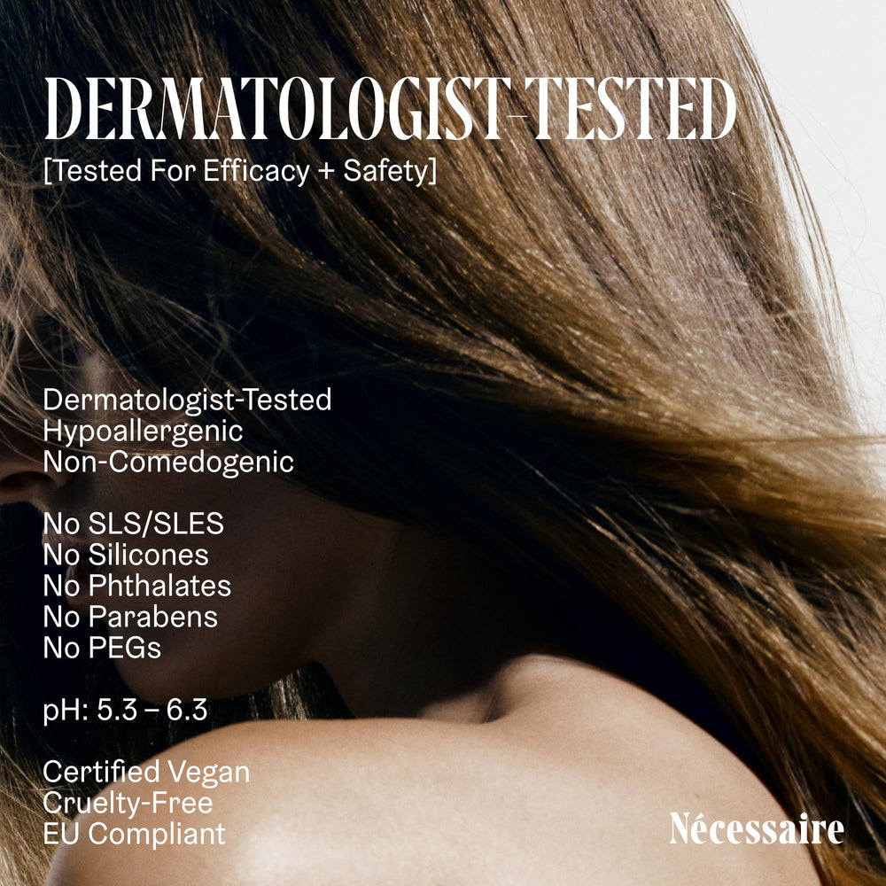 Nécessaire Rosemary Shampoo texture close-up highlights ceramides and proteins.