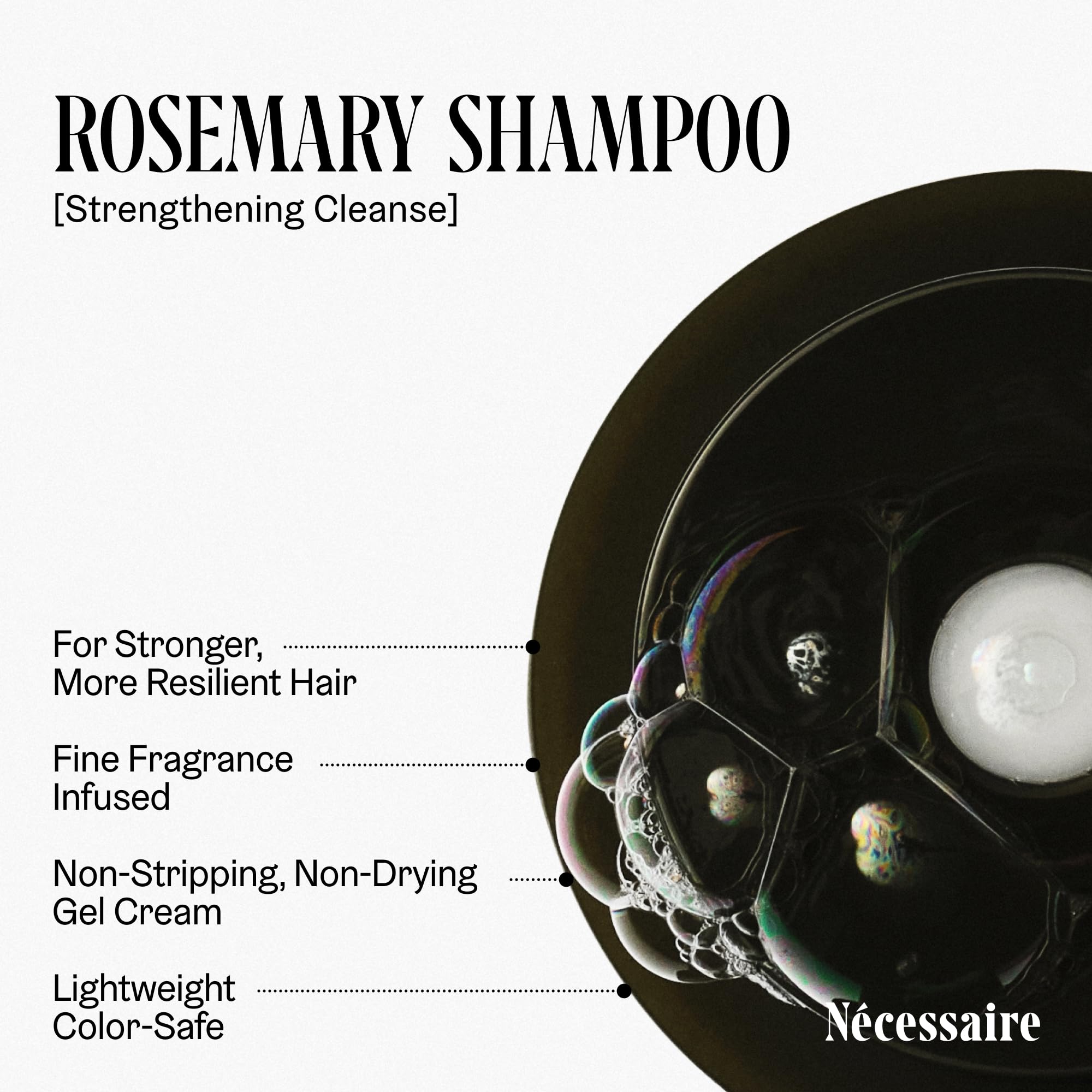 Nécessaire Rosemary Shampoo label closeup emphasizes color-safe, sulfate-free claims.