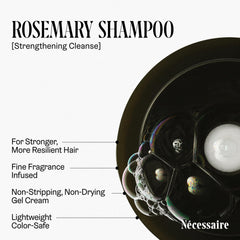 Nécessaire Rosemary Shampoo label closeup emphasizes color-safe, sulfate-free claims.