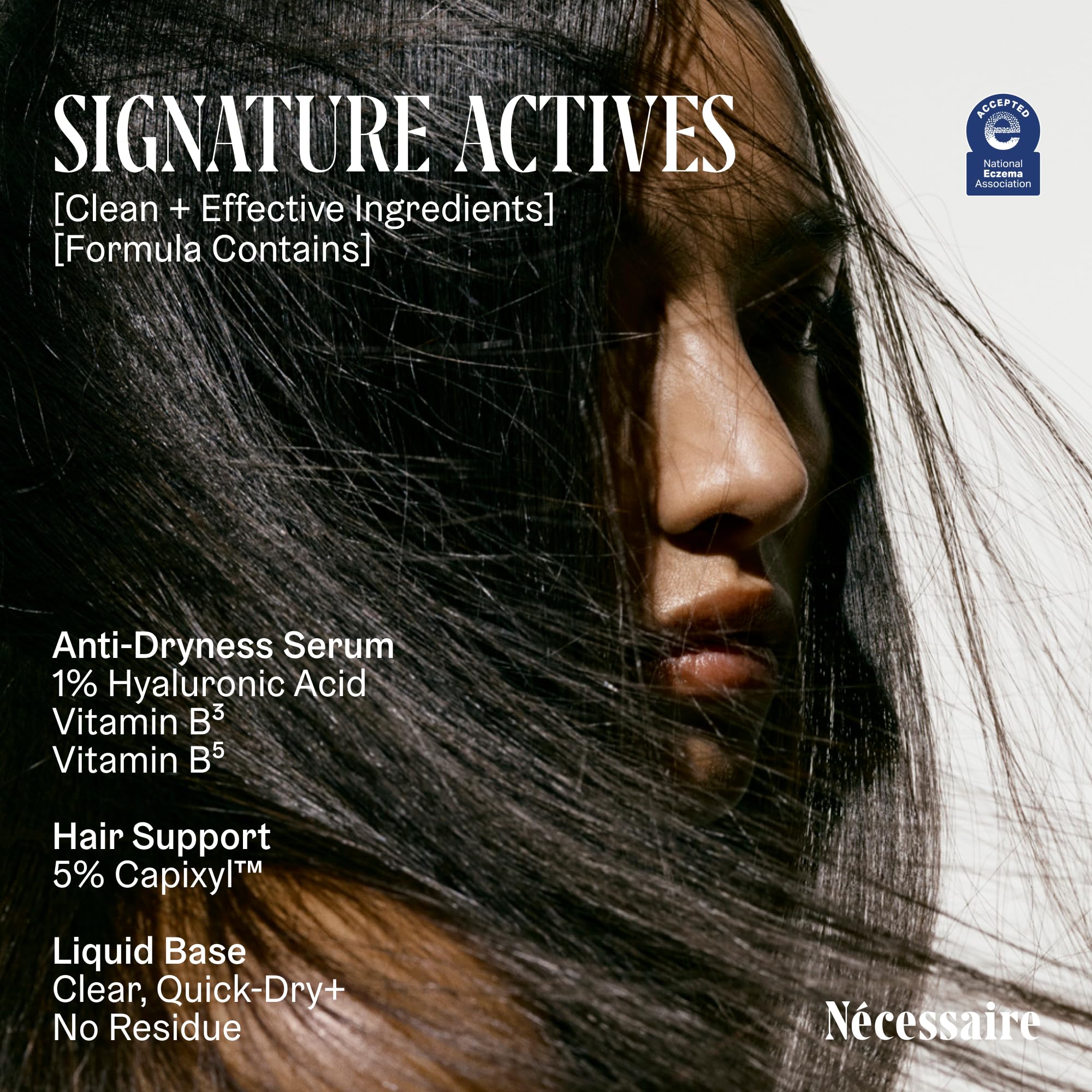 Nécessaire Scalp Serum applied to dry scalp demonstrates soothing hydration.