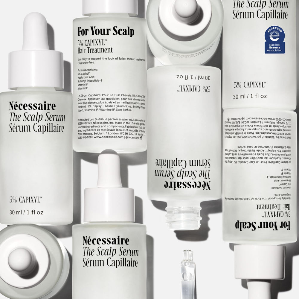 Nécessaire Scalp Serum texture close-up highlights a light, non-greasy feel.