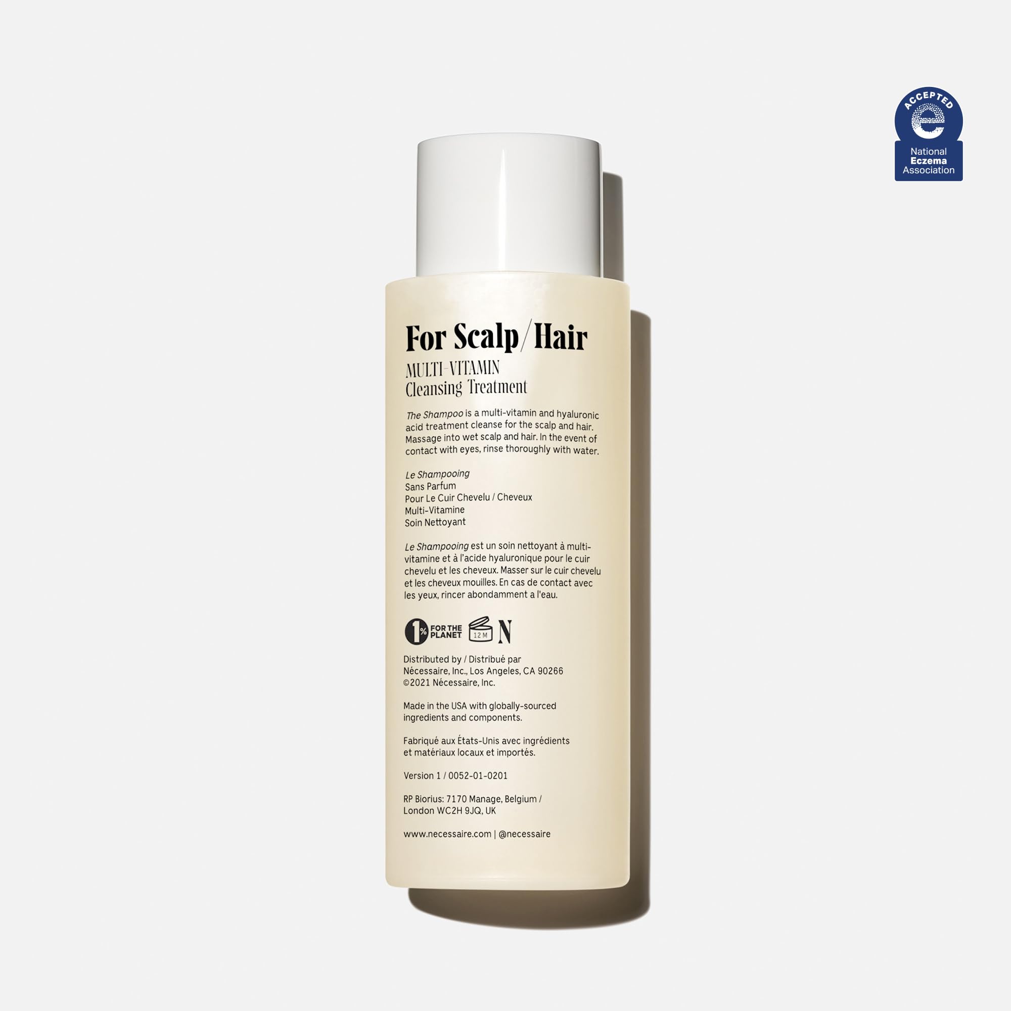 Foamy lather demonstrates gentle daily cleansing for all hair types with Nécessaire Shampoo.
