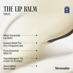 Nécessaire The Lip Balm close-up shows mint texture on lips.