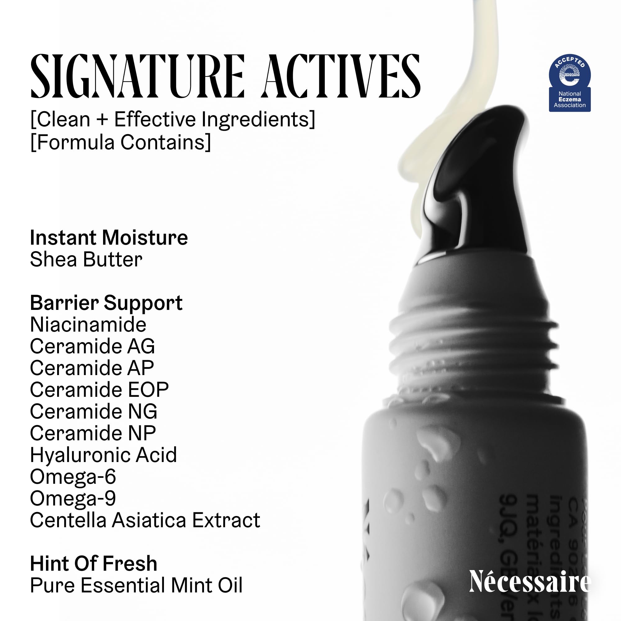 Nécessaire The Lip Balm ingredient highlight with niacinamide and ceramides.