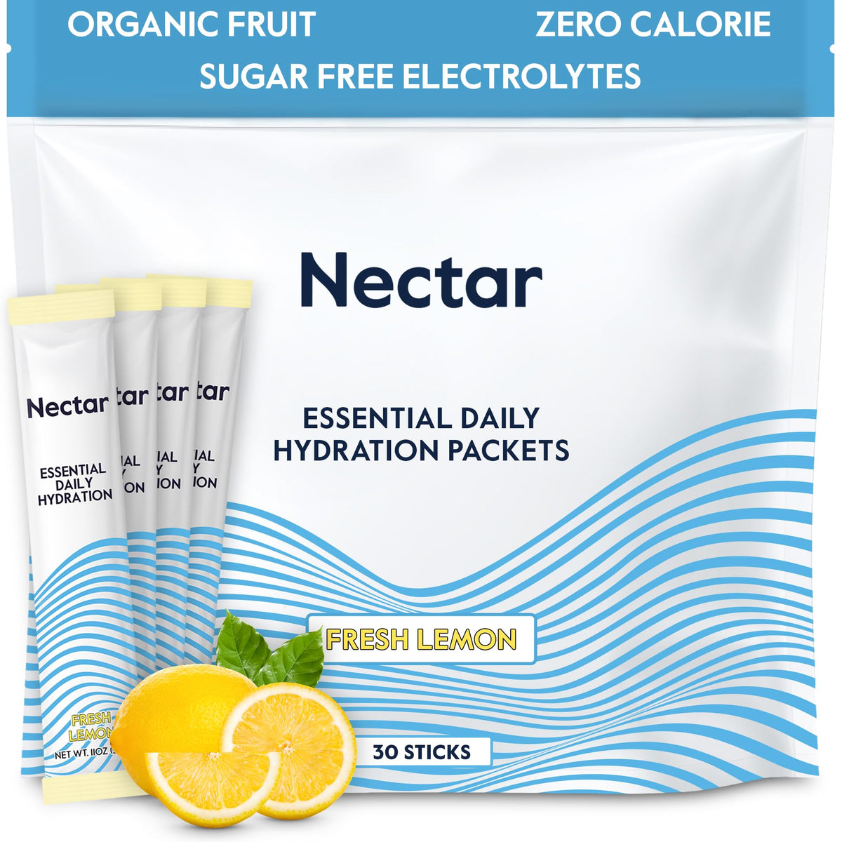 Nectar Hydration Packets Lemon 30-Pack pouring into water for refreshing, sugar-free hydration.