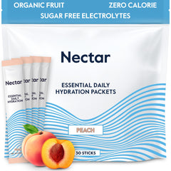Nectar Hydration Peach packets front view showing zero-calorie electrolytes.