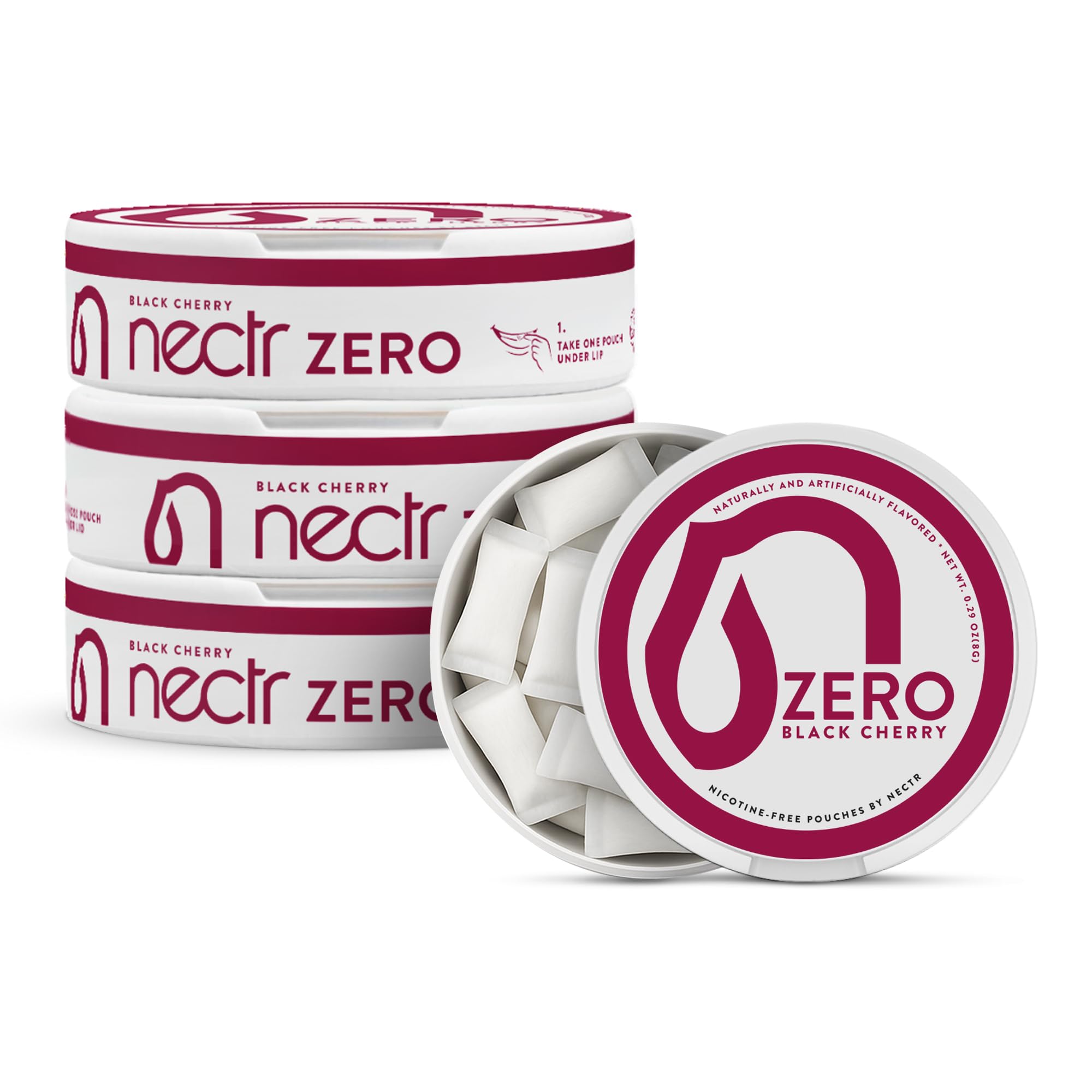 Nectr Energy Zero Pouches front-pack display in Black Cherry for on-the-go flavor