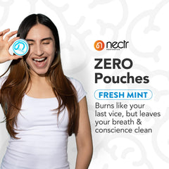 Nectr Energy Zero Mint pouch placed in lip for refreshing flavor moment