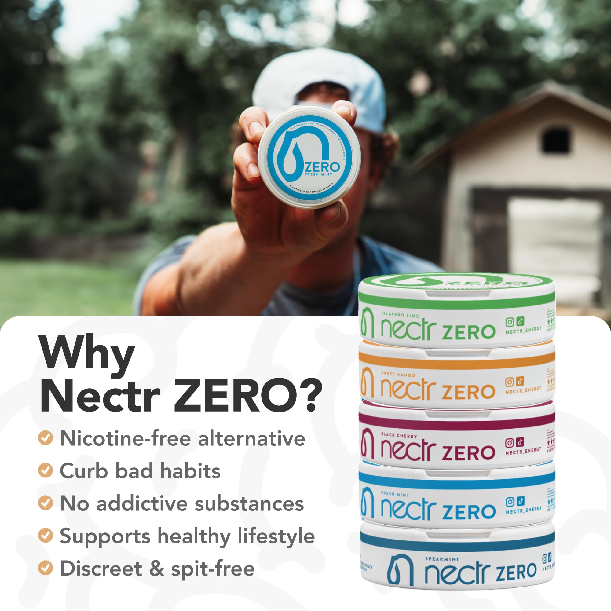 Top lid with used pouches from Nectr Energy Zero Mint pack for tidy disposal