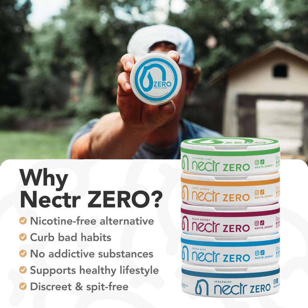 Top lid with used pouches from Nectr Energy Zero Mint pack for tidy disposal