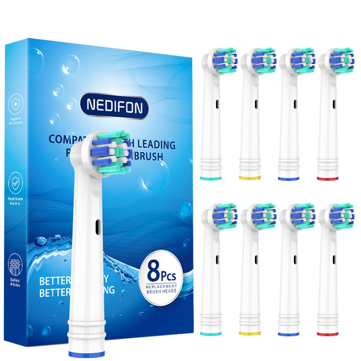 NEDIFON 8-pack replacement brush heads, individually packaged for hygiene.