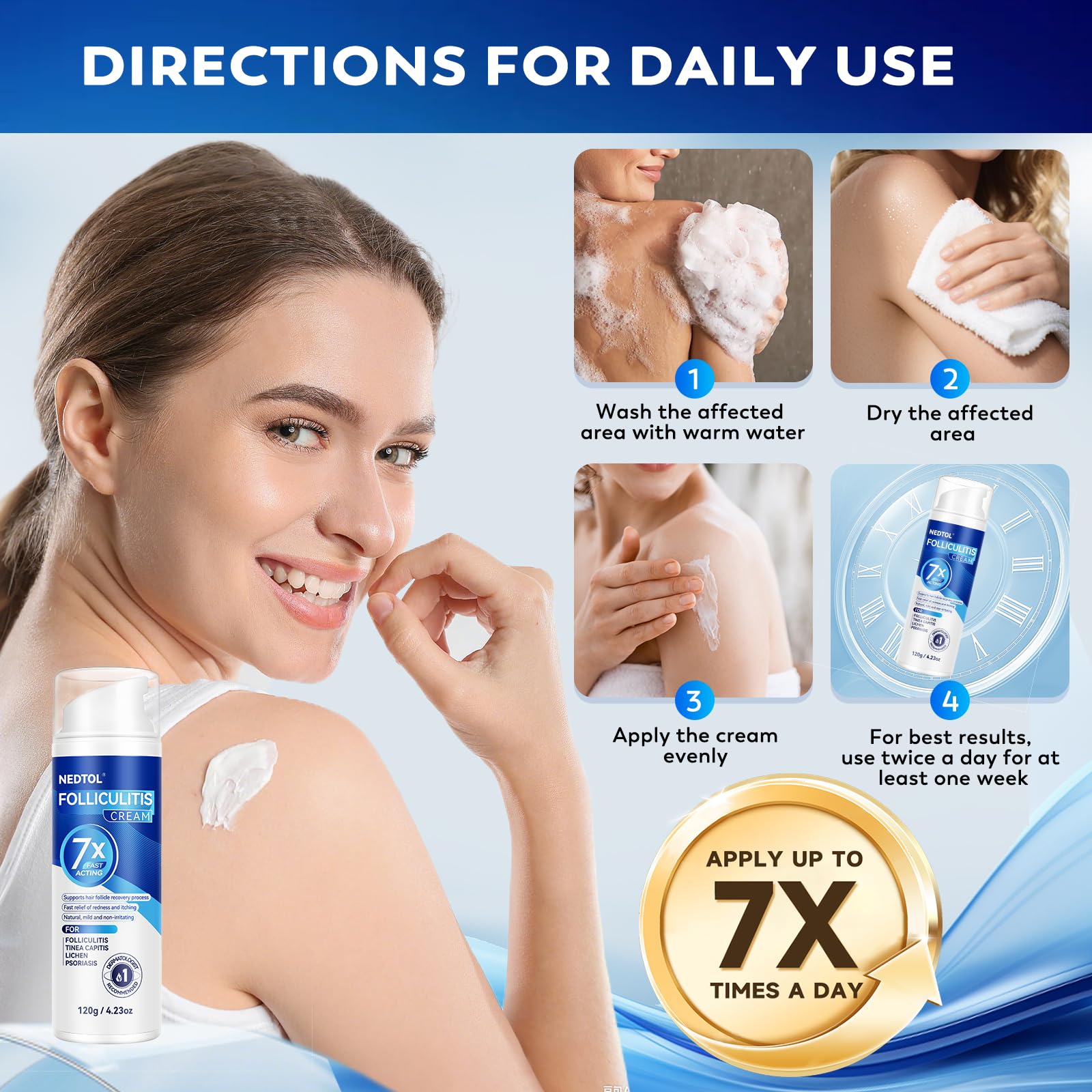 Nedtol Folliculitis Cream on body illustrating versatile use across skin areas.
