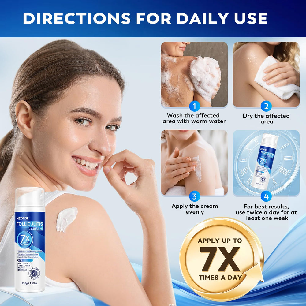 Nedtol Folliculitis Cream on body illustrating versatile use across skin areas.