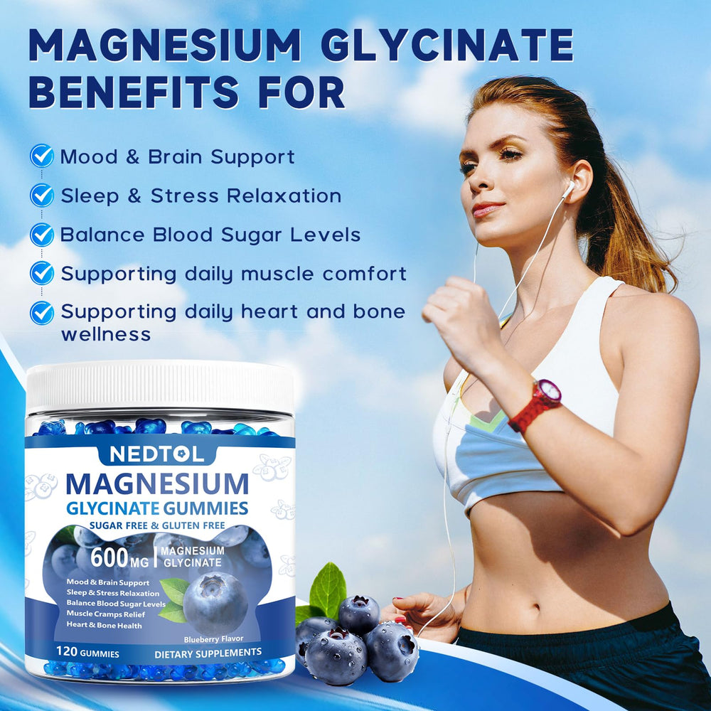 Nedtol Magnesium Glycinate Gummies bottle back shows the multi-nutrient blend for balanced daily wellness.