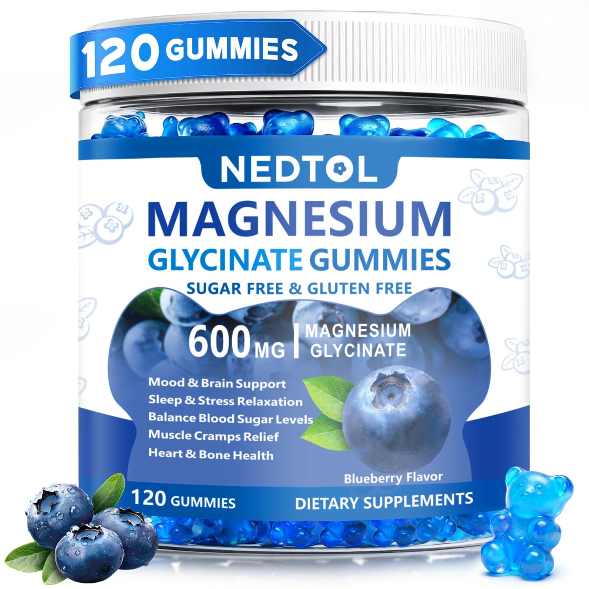 Nedtol Magnesium Glycinate Gummies bottle front, sugar-free blueberry formula for daily relaxation.