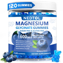 Nedtol Magnesium Glycinate Gummies bottle front, sugar-free blueberry formula for daily relaxation.