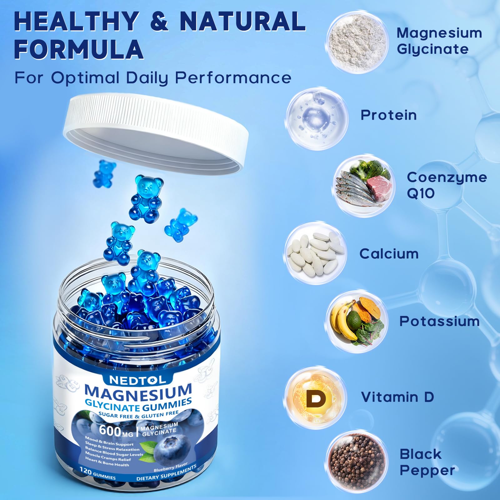 Nedtol label close-up highlighting magnesium glycinate and L-threonate for brain support.