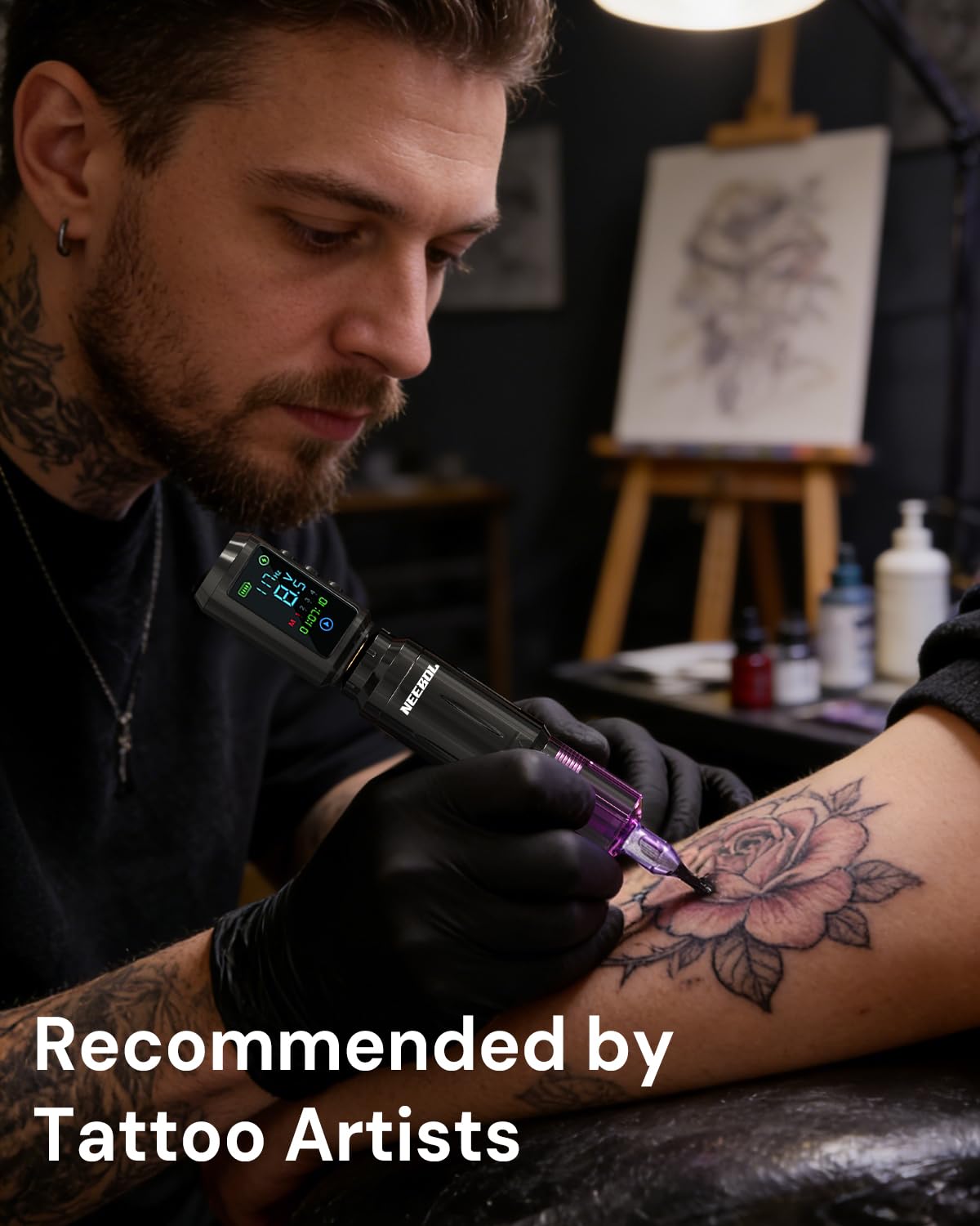 Lightweight tattoo gun with ergonomic design for reduced fatigue.