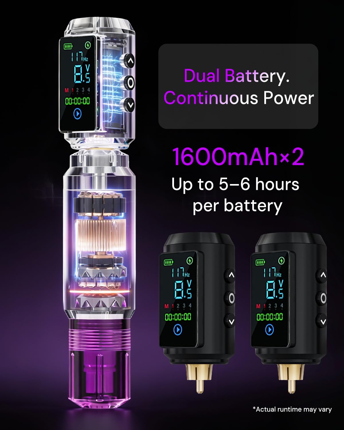 Two 1600mAh batteries powering long sessions with quick swaps.